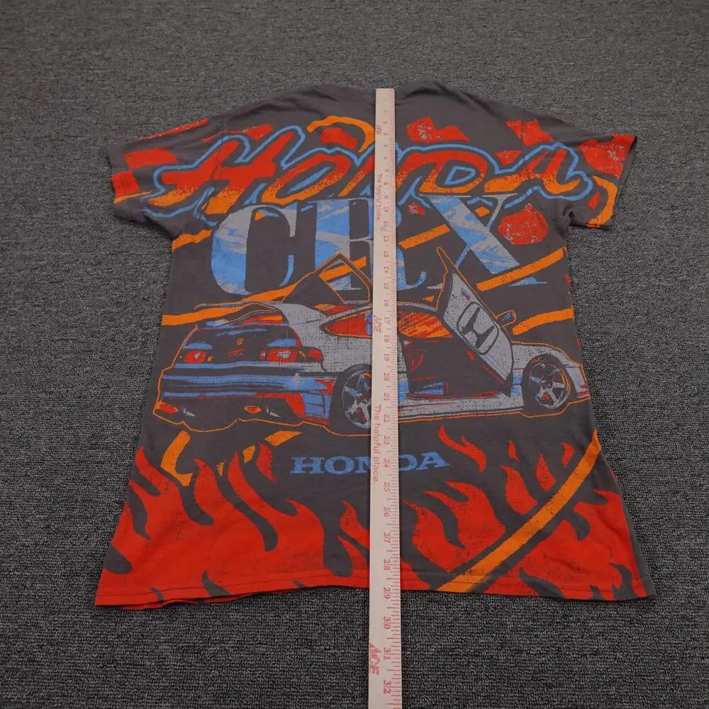 Honda CRX Shirt Mens Small Gray All Over Flames Racing Graphic Tee Double Sided